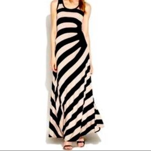 Calvin Klein Black and Tan Gathered Stripe Maxi Dress